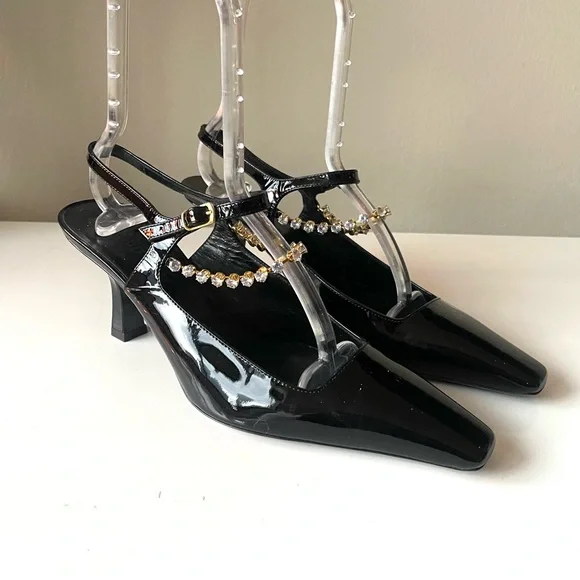 KHAITE Black Patent Leather Crystal Strap Heels Sandals Made Italy Size 40.5 - Picture 2 of 8